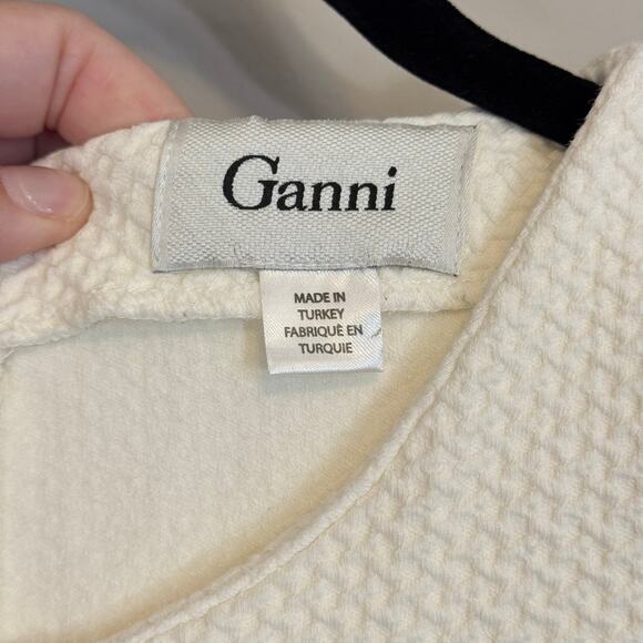 Anthropologie Ganni Textured Mini Dress Women S Cream Fit & Flare Short Sleeve - Picture 9 of 11